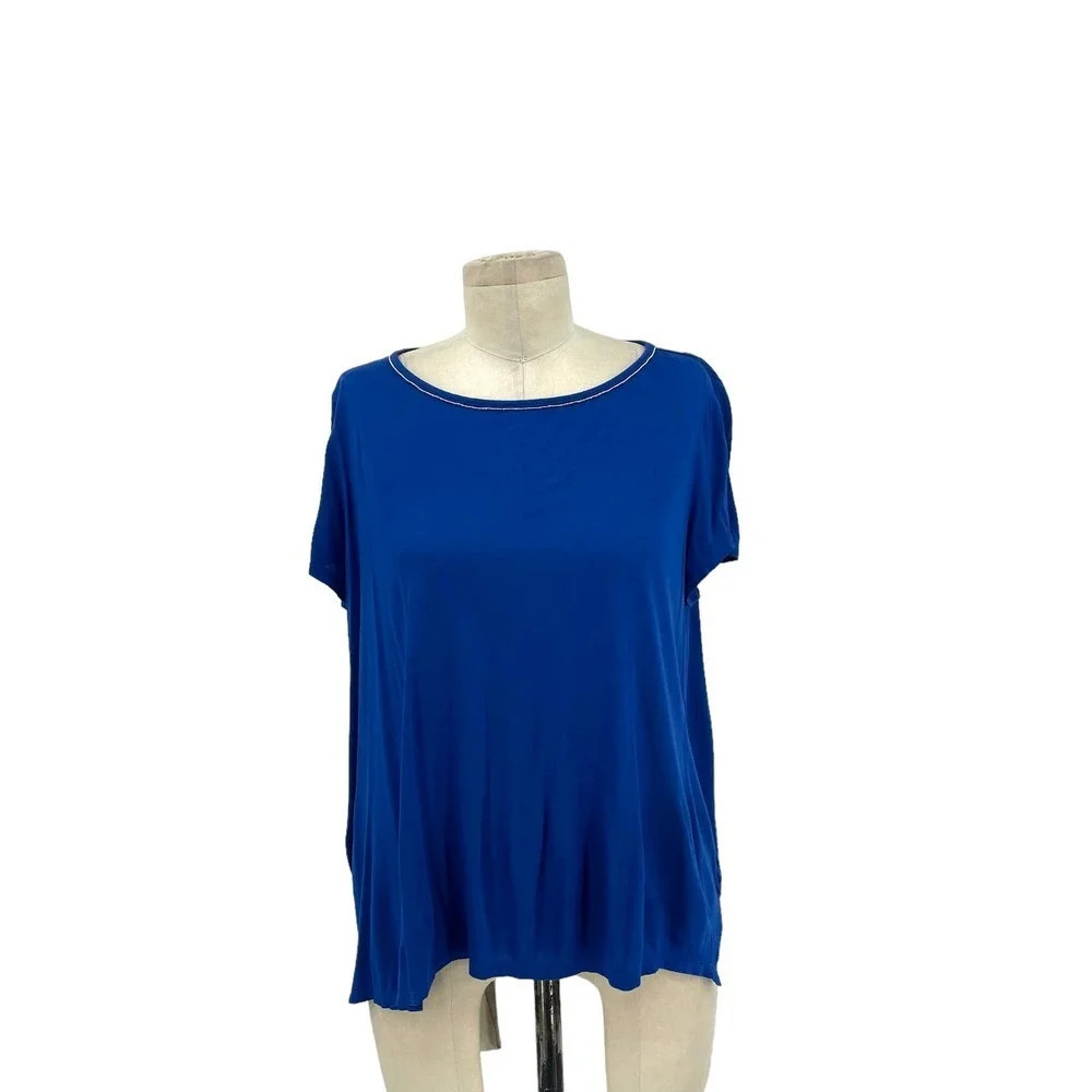 St. John Cobalt Blue Rhinestone Neck Short Sleeve T-Shirt Size Small
